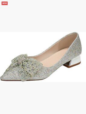 Low Heel Pumps with Rhinestone Bow, Pointed Toe, Slip-On Wedding Shoes